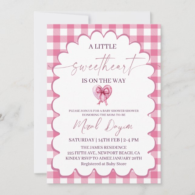 A Little Sweetheart  Pink Bow Heart Baby Shower Invitation (Front)