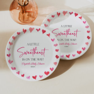 A Little Sweetheart Red Pink Hearts Baby Shower Paper Plate