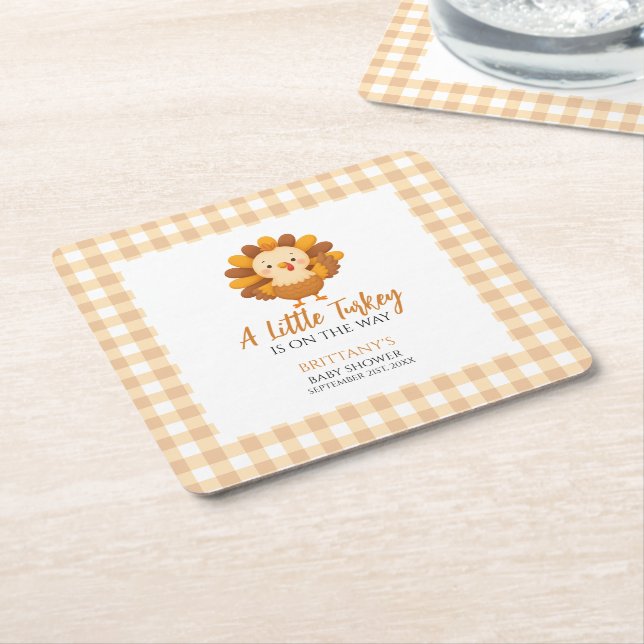 A Little Turkey Fall Baby Shower Thanksgiving Square Paper Coaster (Angled)