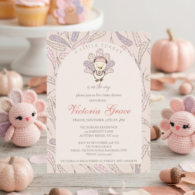 A Little Turkey is on the Way Autumn Baby Shower Invitation (Cute A Little Turkey is on the Way Fall Baby Shower for Thanksgiving Baby Girl Shower in Blush Pink.)