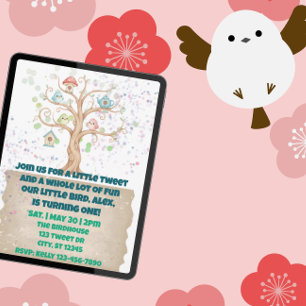 A Little Tweet, Birds Watercolor 1st Birthday Invitation