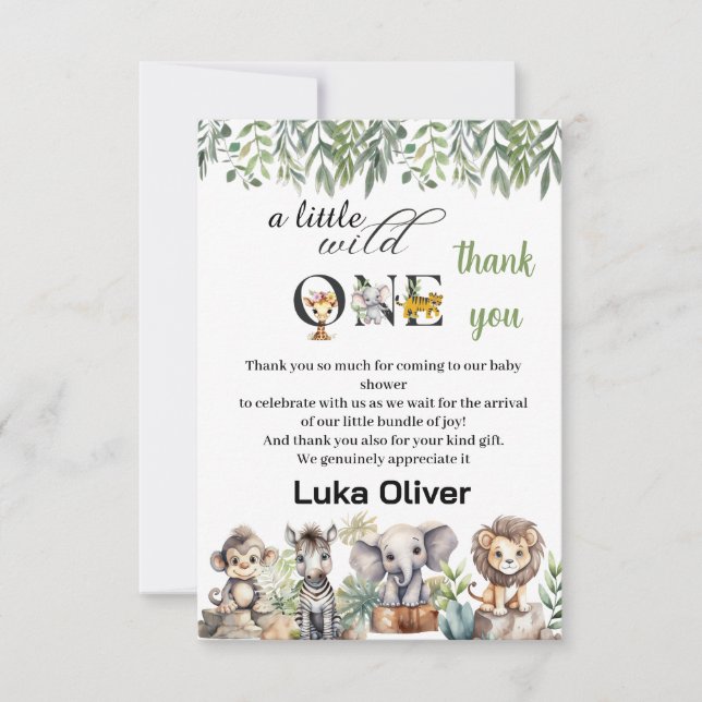 a little wild one safari animals baby shower thank you card (Front)