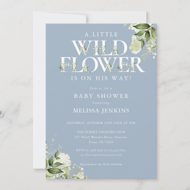 A Little Wildflower  Blue Greenery Boy Baby Shower Invitation (Front)