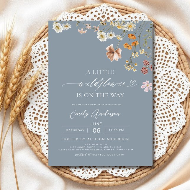 A Little Wildflower Boho Dusty Blue Baby Shower Invitation (Creator Uploaded)