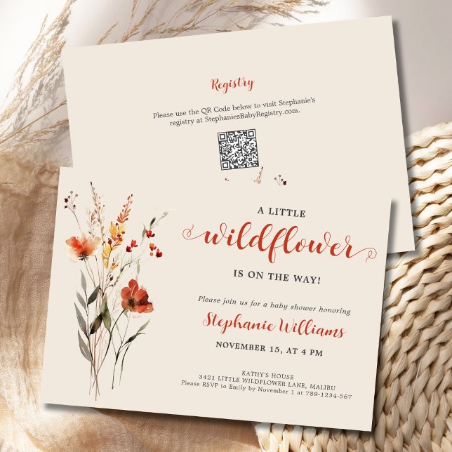 A Little Wildflower BOHO Watercolor Baby Shower Invitation (A Little Wildflower is on the Way Baby Shower Invitation with BOHO fall flowers in rust and orange.)