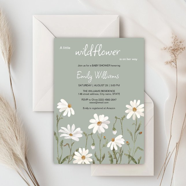 A little wildflower daisy baby shower invitation (Daisy wildflower watercolor baby in bloom floral shower invitation in sage colors, rustic, boho)