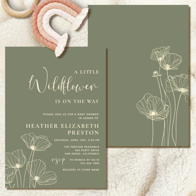 A Little Wildflower Elegant Sage Green Baby Shower Invitation (Creator Uploaded)