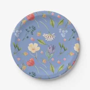 A Little Wildflower Girl Baby Shower Blue Paper Plate