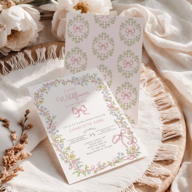 A Little Wildflower pink Bow frame Baby Shower Invitation (Creator Uploaded)