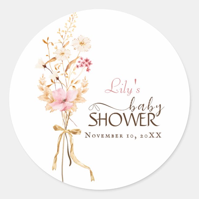 A Little Wildflower Rustic Boho Nature Baby Shower Classic Round Sticker (Front)