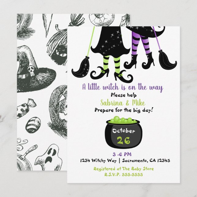 A Little Witch is on the Way Halloween Baby Shower Invitation (Front/Back)