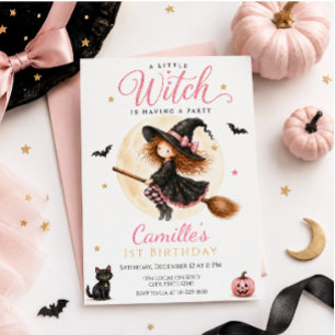 A Little Witch Pink Halloween Girl Birthday Invitation