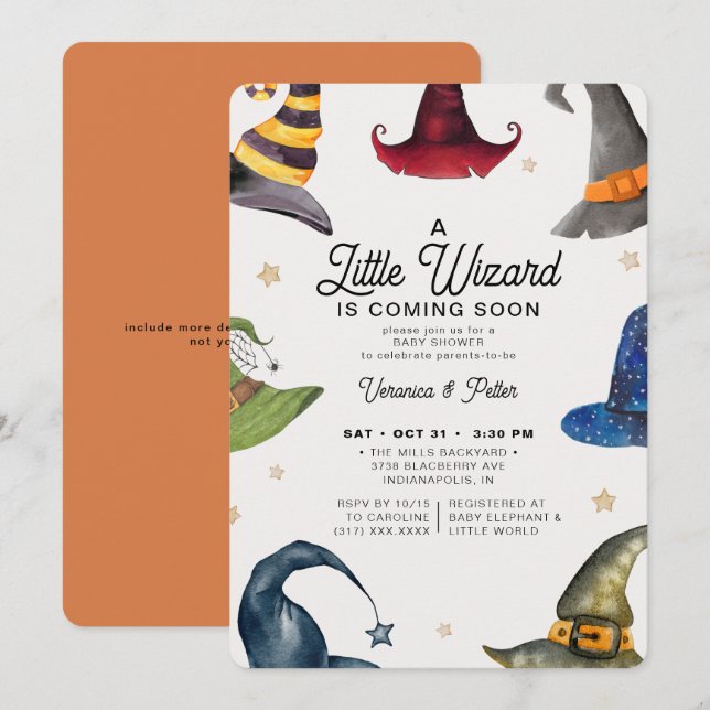 A Little Wizard Boy Orange Halloween Baby Shower Invitation (Front/Back)
