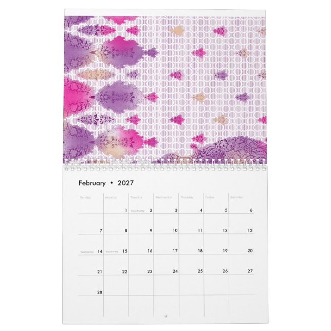 A lively design characterized by a mix of purple a calendar (Feb 2027)