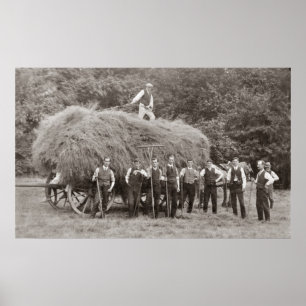 A loaded hay wagon and workers poster