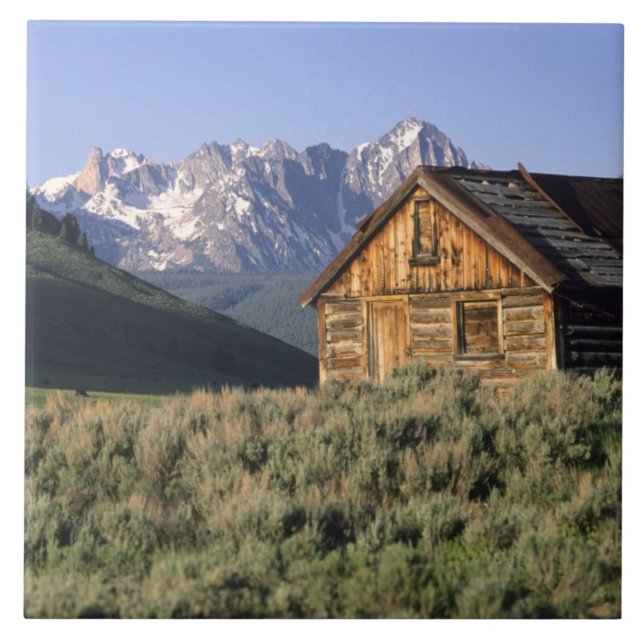 A log cabin and the Sawtooth Mountains in Tile (Front)