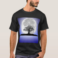 A lone leafless tree on a full moon night