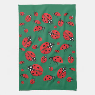 A lot of Ladybugs Lucky Pattern Green Kitchen Towel