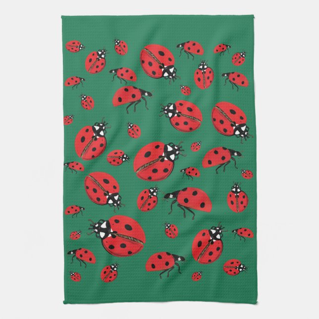 A lot of Ladybugs Lucky Pattern Green Kitchen Towel (Vertical)