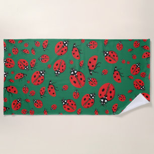 A lot of Red Ladybugs Lucky Pattern Green Beach Towel