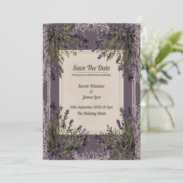 A Love in Bloom Lavender Wedding Invitation (Standing Front)