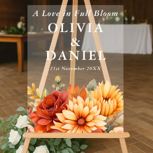A Love in Full Bloom Floral Fall Wedding Welcome Acrylic Sign