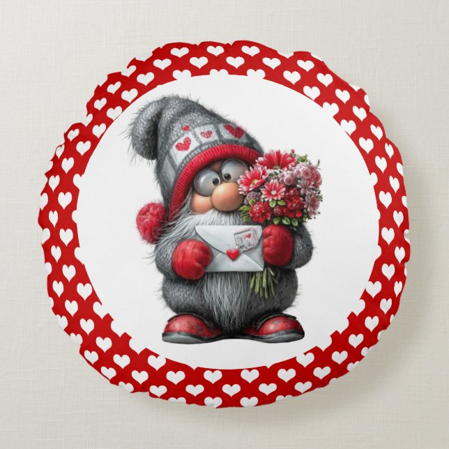 "A Love Note for You" Valentine Gnome Round Pillow (Front)