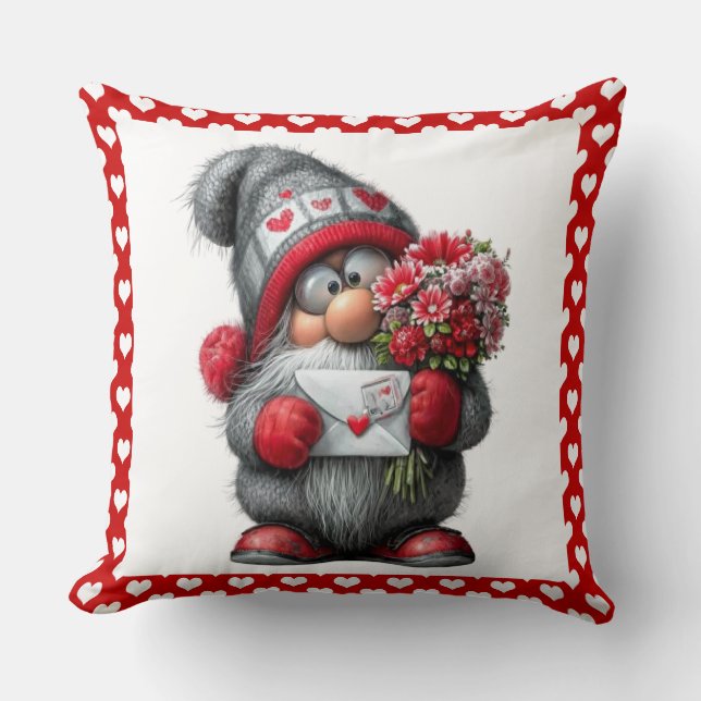 "A Love Note for You" Valentine Gnome Throw Pillow (Front)