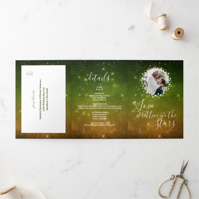 A Love Written in Stars Photo Celestial Wedding Tri-Fold Invitation (Outside)