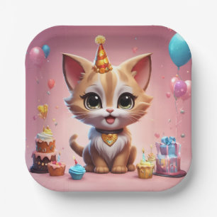 A lovely kitten celebrating his birthday paper plate