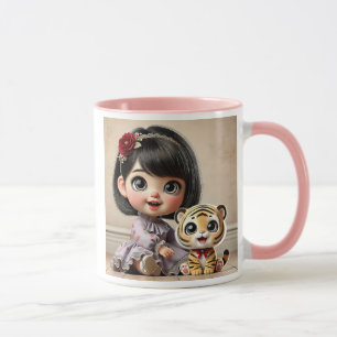 A lovely little girl and her teddy tiger. mug