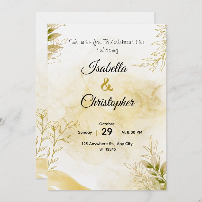 A luxurious wedding invitation in elegant gold (Front/Back)