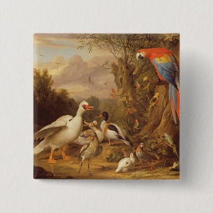 A Macaw, Ducks, Parrots and Other Birds in a Lands 2 Inch Square Button
