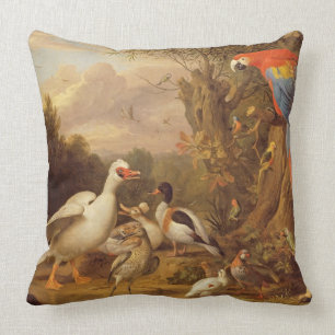 A Macaw, Ducks, Parrots and Other Birds in a Lands Throw Pillow