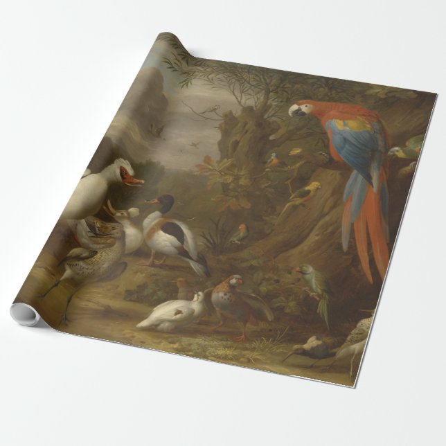 A Macaw Ducks Parrots and Other Birds in a Landsca Wrapping Paper (Unrolled)