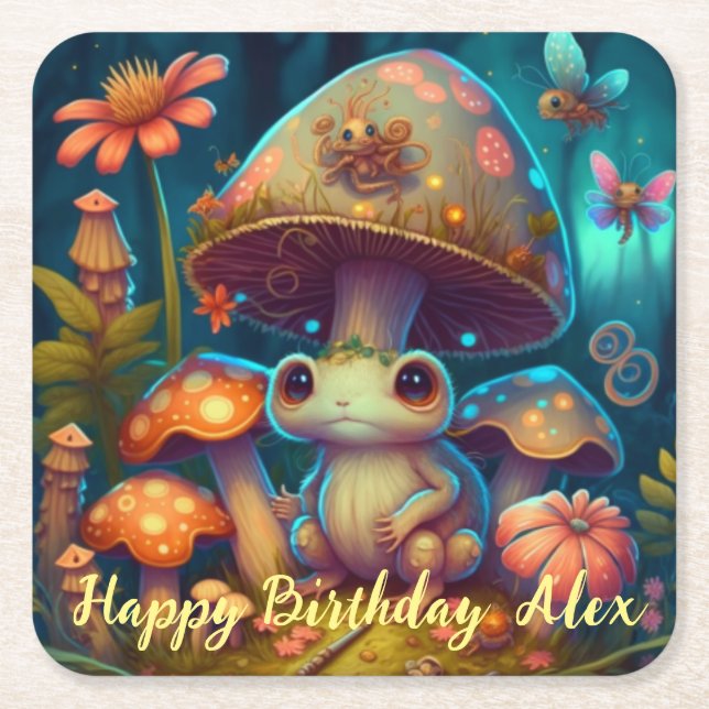 A magic frog in a magic forest square paper coaster (Front)
