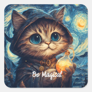 A Magical Cat by Van Gogh Square Sticker