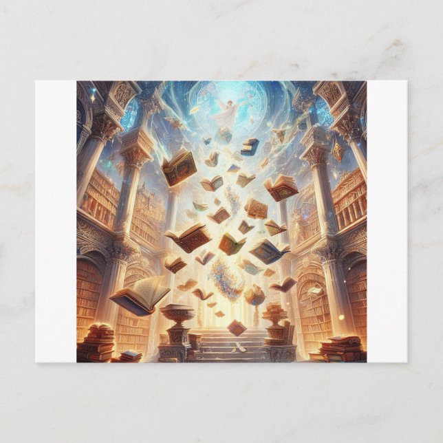 A magical library filled with floating books postcard (Front)