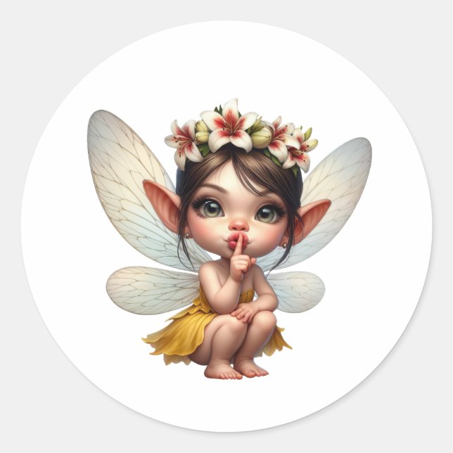 A magical little fairy crouching down classic round sticker (Front)