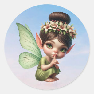 A magical little fairy crouching down classic round sticker