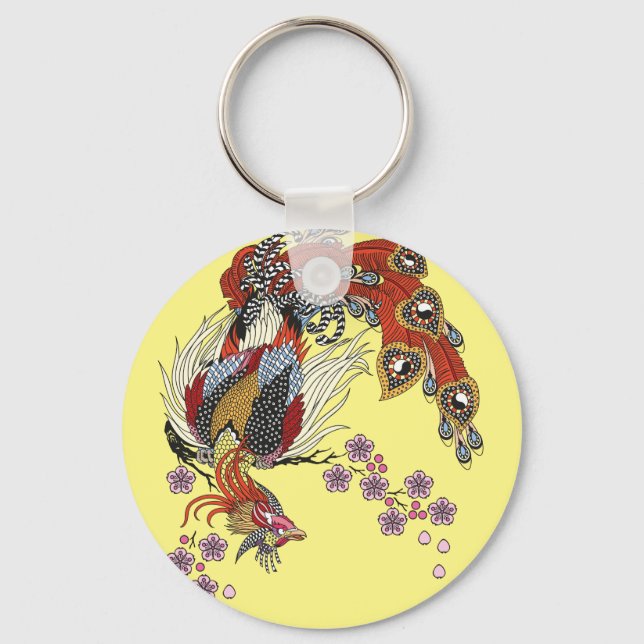 a magical phoenix sitting on a blossom sakura keyc keychain (Front)