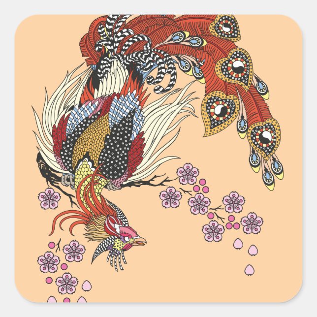a magical phoenix sitting on a blossom sakura squa square sticker (Front)