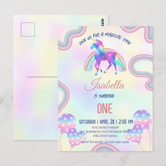 A Magical Rainbow Unicorn Happy Birthday Party Postcard (Front/Back)