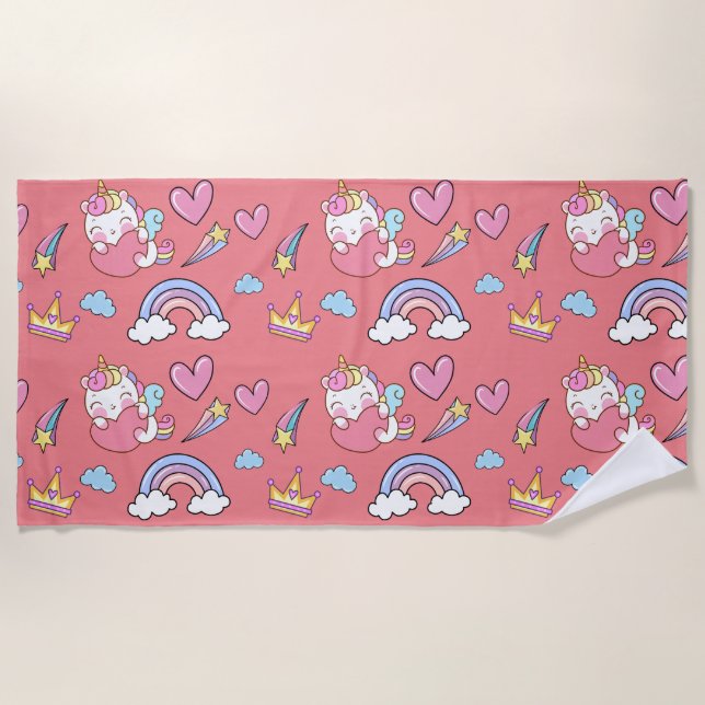 A Magical Rainbow Unicorn Pattern Birthday Party Beach Towel (Front)