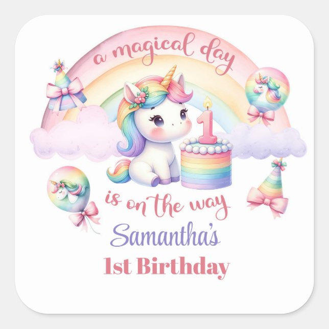 A Magical Unicorn and Rainbow 1st Birthday Party  Square Sticker (Front)