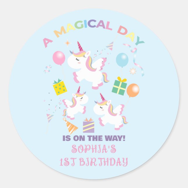 A Magical Unicorn Birthday Invitation Classic Round Sticker (Front)