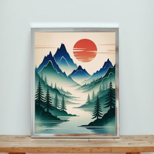  A Majestic Landscape of Misty Mountains Poster