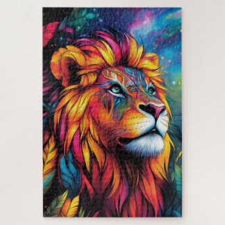 A majestic lion with a neon mane glowing jigsaw puzzle