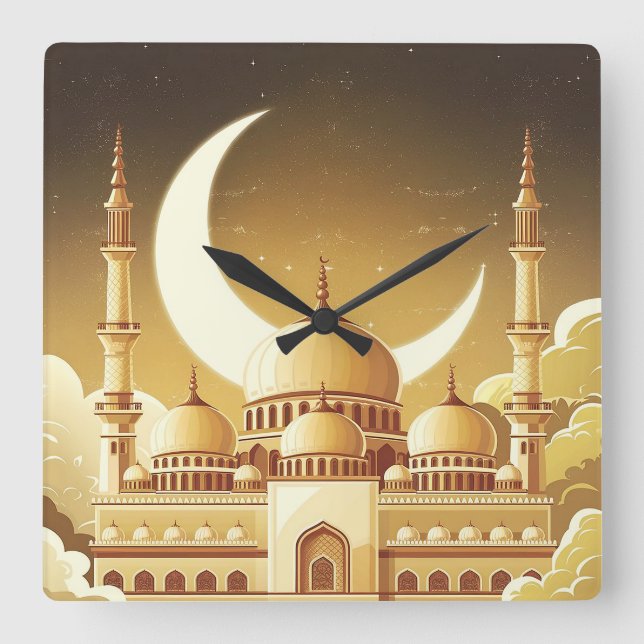 A Majestic Mosque Under the Crescent Moon Square Wall Clock (Front)