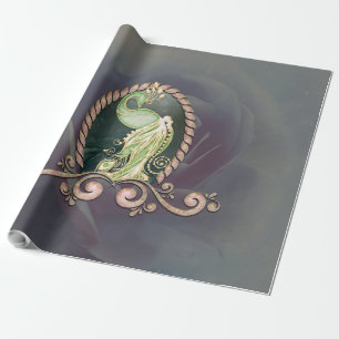 A majestic peacock in gold and green wrapping paper